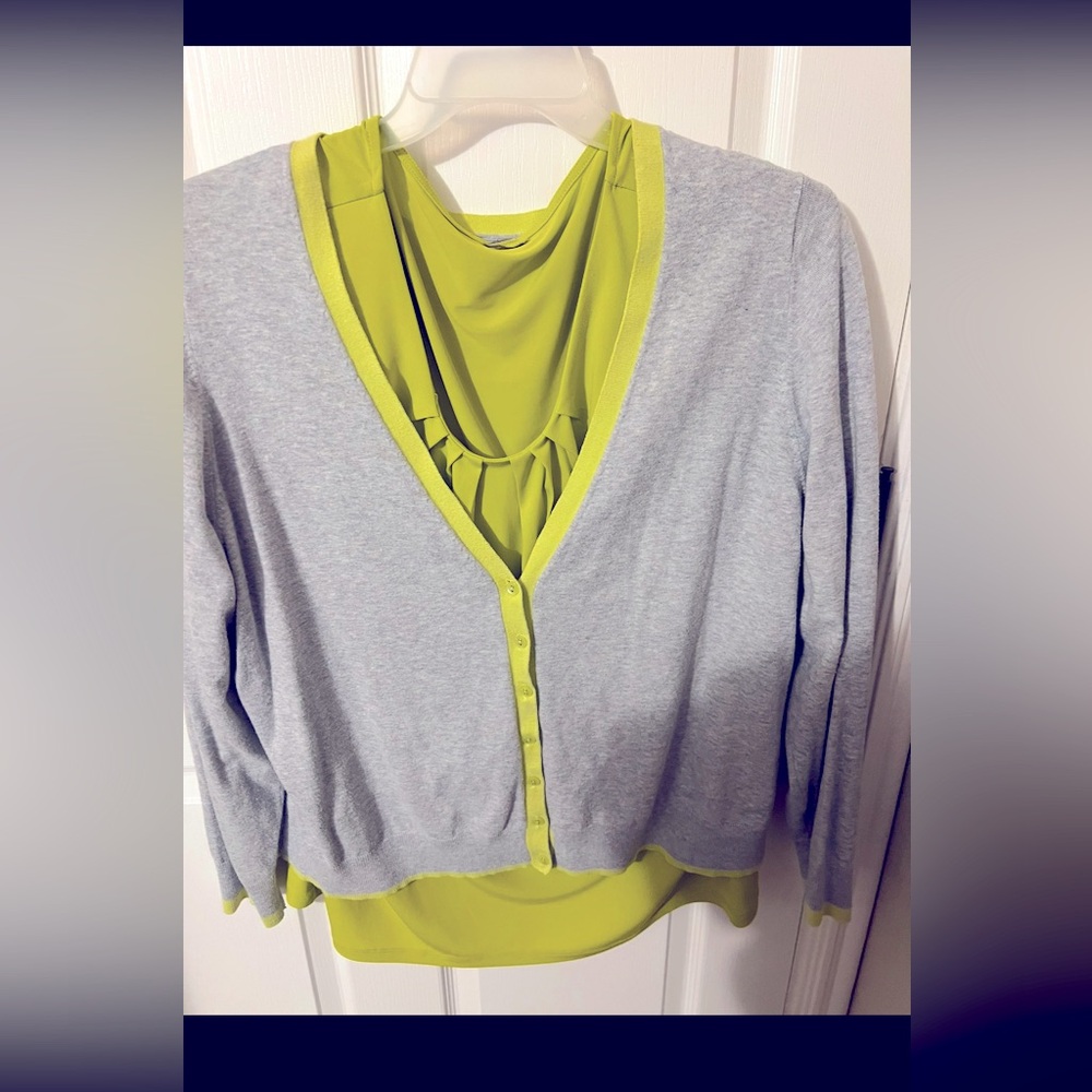 Gray Cardigan with Yellowish Green Trim
